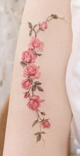 Rose Embroidery Tattoo, Pink Floral Tattoo, Pink Flower Tattoo, Mucha Tattoo, Pink Flower Tattoos, Rose Tattoo On Ankle, Rose Vine Tattoos, Pink Rose Tattoos, Jewel Tattoo