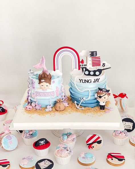 Mermaid Pirate Birthday Cake, Mermaid And Pirate Birthday Cake, Pirate And Mermaid Birthday Party Cake, Mermaid And Pirate Cake, Mermaid Pirate Cake, Pirate And Mermaid Cake, Pirate And Mermaid Birthday Party, Pirates And Mermaids Birthday Party, Mermaid And Pirate Birthday Party