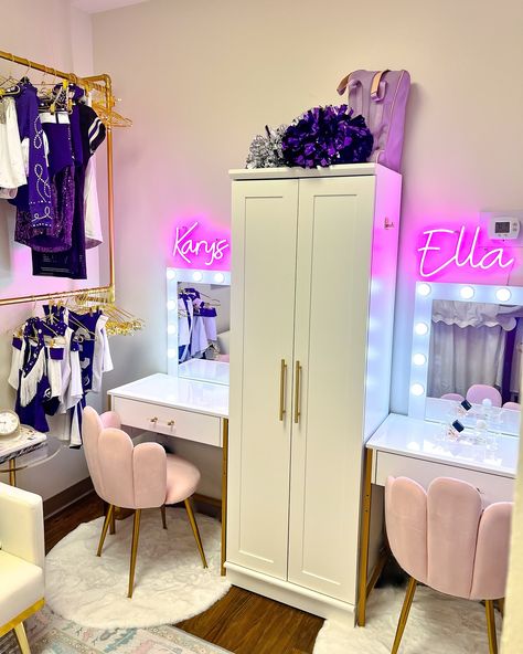 Forever obsessed with this dorm vanity💜 • • • #tcu #showgirls #cheer #interiordesign #design #organize #decor Tcu Showgirl, Dorm Vanity, Tcu Dorm, Dorm Inspo, Home Art, Vanity, Interior Design, Bedroom, Furniture