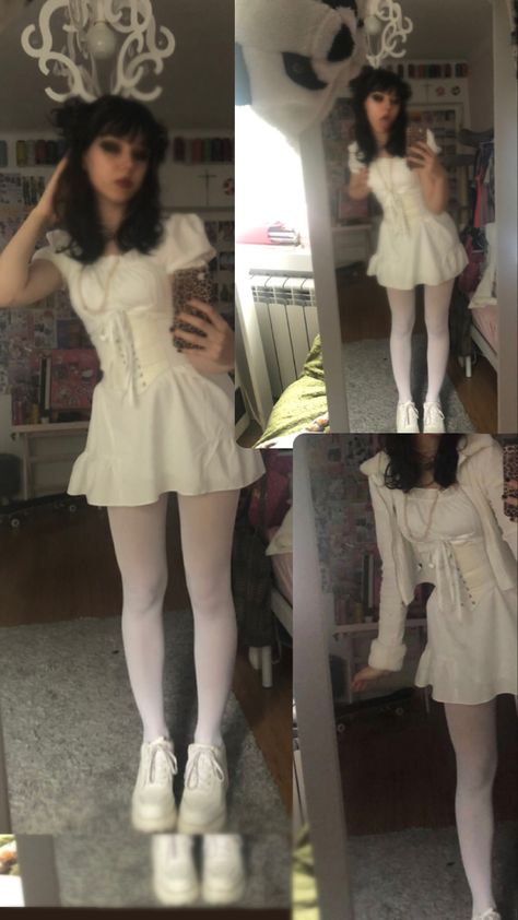 All White Alt Outfit, White Emo Outfit, White Grunge Outfit, White Combat Boots Outfit, Simple Goth Outfit, White Goth Outfit, Emo Night, White Heels Outfit, Outfit Themes