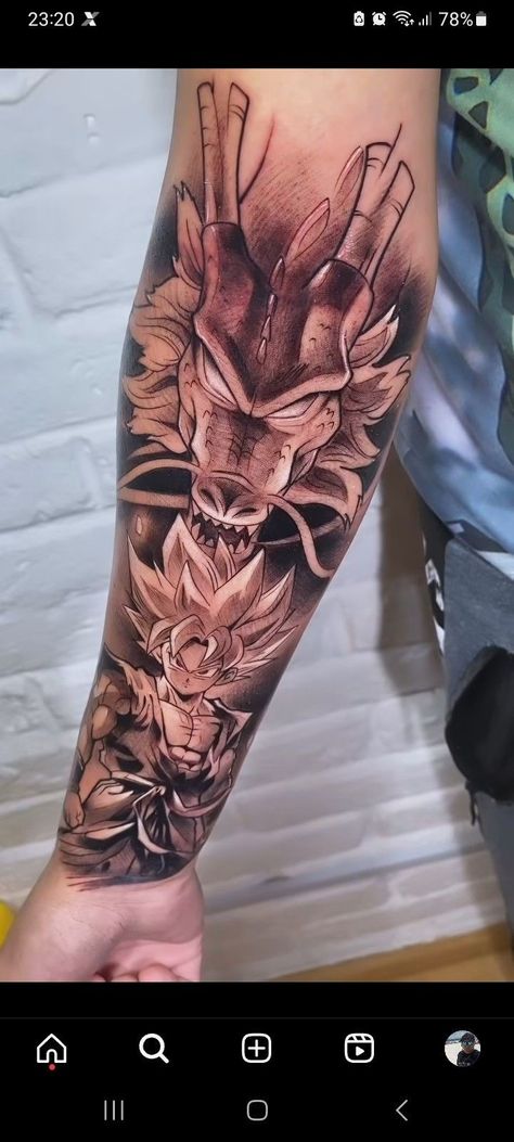 Shenron Goku Tattoo, Dragon Ball Z Arm Sleeve Tattoo, Realistic Pokemon Tattoo, Dragon Ball Shenron Tattoo, Dragonball Super Tattoo, Dragon Ball Z Sleeve Tattoo, Dragon Tattoo Inner Arm, Ultra Instinct Tattoo, Shenron Tattoo Design