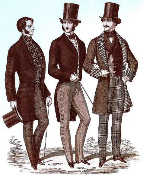 1850 - In contrast to t 1840's, t 1850's reflected a preference f bolder styling seen in frock coats w wider lapels & looser cuts. Waistcoats became fancier w bold patterns & metal buttons. In t early part of t decade, gentlemen wore extravagant, heavily starched, assymetrically tied cravats, which subsided later in t decade. At t beginning of t decade many gentlemen wore their hair parted on t side styled w an extreme frontal wave on top, but once again this subsided toward t end of t decade. Victorian Mens Fashion, 19th Century Men, 1850s Fashion, Victorian Men, Victorian Gentleman, Victorian Man, Victorian Era Fashion, Clothing Guide, Victorian Costume