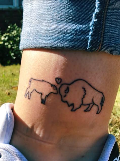 Mother/Baby bison tattoo Cute Buffalo Tattoo, Small Bison Tattoo, Small Buffalo Tattoo, Bison Tattoo Ideas For Women, Buffalo Tattoo Feminine, Bison Tattoo Ideas, Buffalo Tattoo Ideas, Buffalo Tattoos, Lion Butterfly