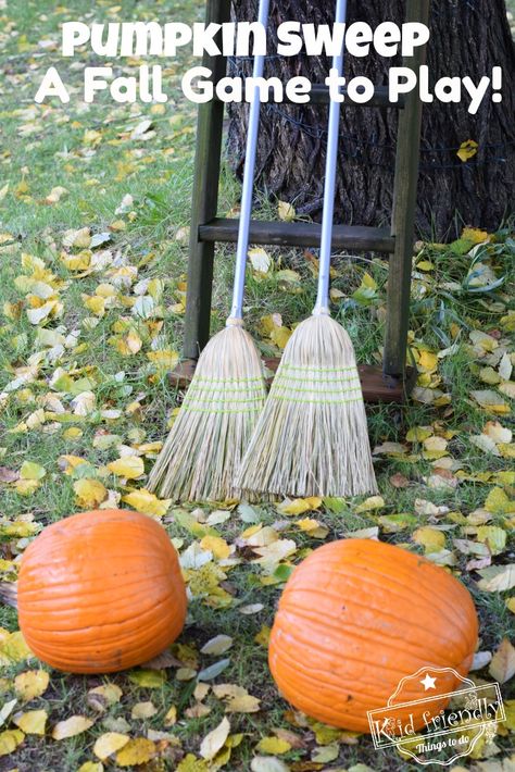 Pumpkin Sweep - Thanksgiving Game to Play. Kids and Adults of all ages will have fun playing this Pumpkin Sweep - A Great Fall, Halloween and Thanksgiving Game to play. www.kidfriendlythingstodo.com #pumpkin #game #kids #teens #adults #fun #race #Thanksgiving #Halloween Pumpkin Broom Race, High School Fall Festival Games, Go Fish Fall Festival Game, Harvest Feast Games, Pumpkin Walk Game, Fall Theme Carnival Games, Scarecrow Relay Race, Pumpkin Relay Race, Church Fall Festival Ideas Harvest Party