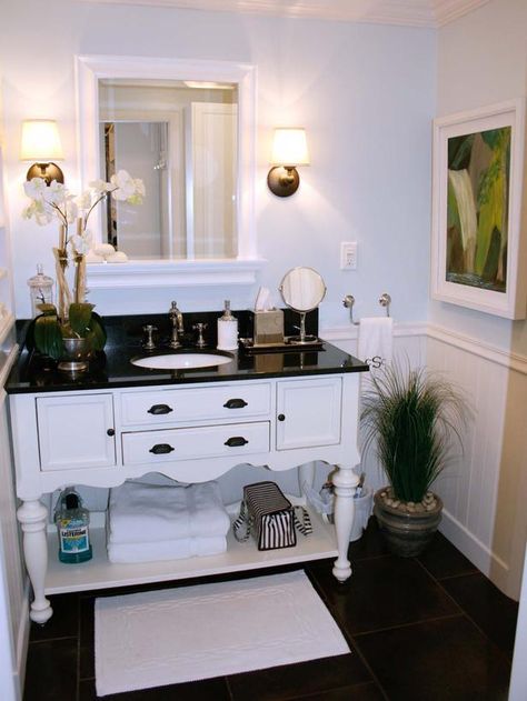 High-Rated Repurpose  - Bathroom Sinks and Vanities: Beautiful Ideas From Rate My Space on HGTV Vanity Simple, Barn Restoration, Dressing Vanity, Black Countertop, Diy Keramik, Bathrooms Design, Beautiful Vanity, Vanity Counter, White Buffet