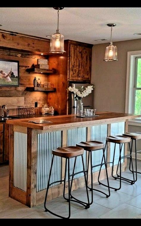 Rustic Home Bar Ideas, Barn Bar Ideas, Small Wet Bar Ideas, Shiplap Bar, Real Farmhouse, Garage Bar Ideas, Loft Garage, Barn Bar, Rustic Basement Bar