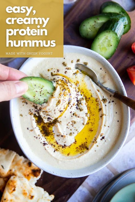 Easy Creamy Protein Hummus Protein Hummus Recipe, Hummus With Greek Yogurt, Protein Hummus, Hummus Protein, Easy Hummus Recipe With Tahini, Easy Hummus Recipe Without Tahini, Plain Hummus Recipe, Spicy Hummus, Unflavored Protein Powder