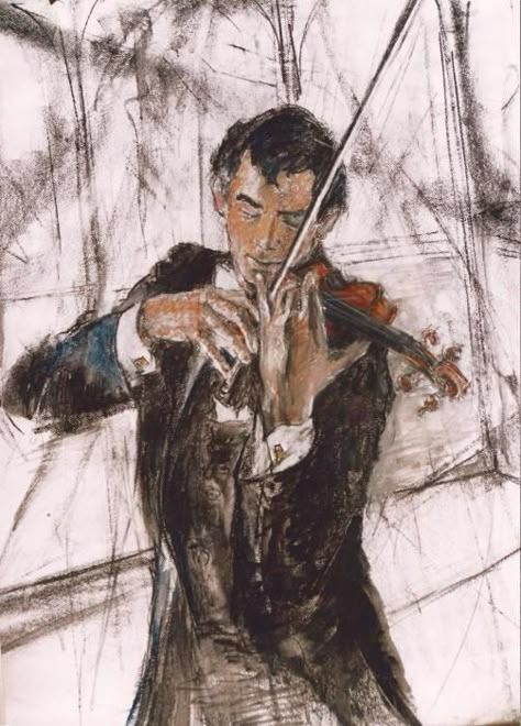 Violinist Drawing, Person Playing Violin Drawing, Man Playing Violin Drawing, Painting Of Musical Instruments, Man Playing Piano Painting, Violin Oil Painting, Violin Art, Violinist, Creative Drawing