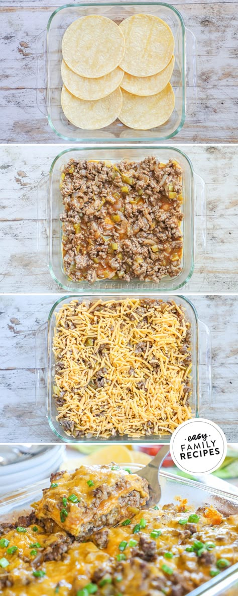 Dinner Recipes Using Tortillas, Healthy Lunch Ground Beef, Hamburger Meat Enchilada Casserole, Super Easy Family Meals, Easy Enchilada Bake, Meals With Tortilla Shells, Easy Enchiladas Beef Casseroles, 4 Ingredient Enchilada Casserole, Lazy Enchiladas Ground Beef