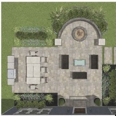 Patio In Middle Of Lawn, Patio Shapes Layout, Large Patio Ideas Layout, Family Backyard Layout, Patio Layouts, Plants Porch, Hardscape Patio, Small Patio Design, Backyard Layout