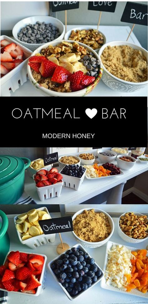 Oatmeal Bar with all of the topping ideas. List of the best oatmeal combination ideas. It's the perfect party brunch idea or a lazy Sunday breakfast. Gluten and dairy free alternatives. Breakfast Bar Food, Oatmeal Bar, The Best Oatmeal, Toppings Bar, Oatmeal Toppings, Brunch Bar, Dairy Free Alternatives, Breakfast Party, Sunday Breakfast