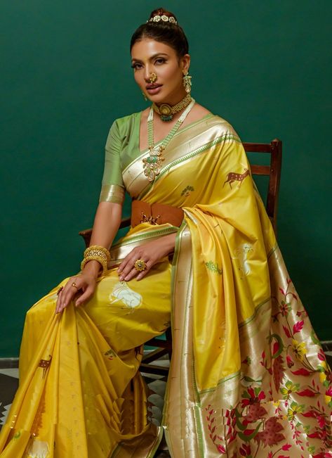 Yellow Paithani Saree, Yellow Paithani, Saree Traditional, Party Wear Gown, Paithani Saree, Vidya Balan, Silk Style, Yellow Saree, Work Online