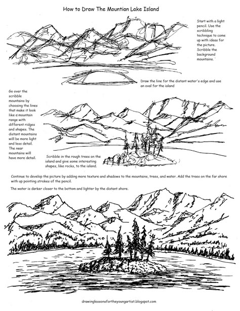 A free printable worksheet for how to draw a mountain lake. How To Draw A Lake, How To Draw Landscape, Lake Drawing, Mountains And Trees, Mountain Drawing, Poses References, Landscape Drawings, Art Instructions, Easy Drawing