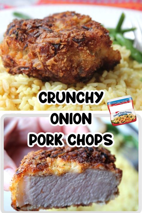 These crunchy pork chops are breaded with a combination of a classic breadcrumb breading mixed with French's Fried Onions. Fried onions are not just for green bean casserole, they add flavor and crunch to boneless pork chops! A great idea for pork chops for dinner! Onion Pork Chops, Flexitarian Recipes, Cheese Stuffed Chicken, Pork Stir Fry, Whole Roasted Chicken, French Fried Onions, Pork Ham, Crispy Onions, Boneless Pork Chops