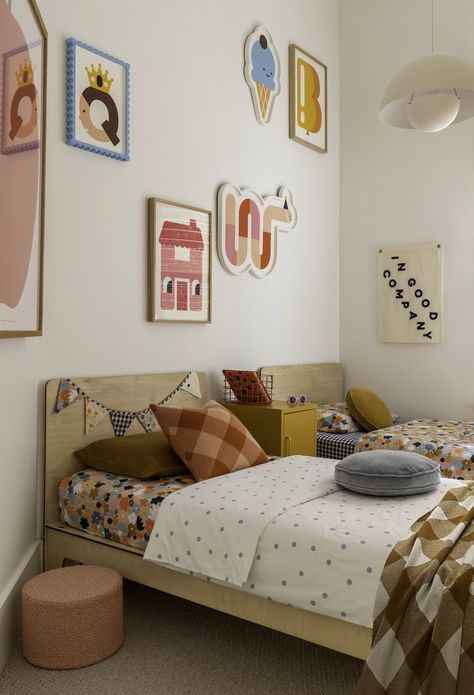 Shared girls' bedroom featuring V.Happy Co gallery wall Colourful Kids Bedroom, V Happy, Boy And Girl Shared Bedroom, Kids Gallery Wall, Kids Rooms Shared, Mustard Made, Kids Shared Bedroom, Shared Girls Bedroom, Boy Girl Bedroom