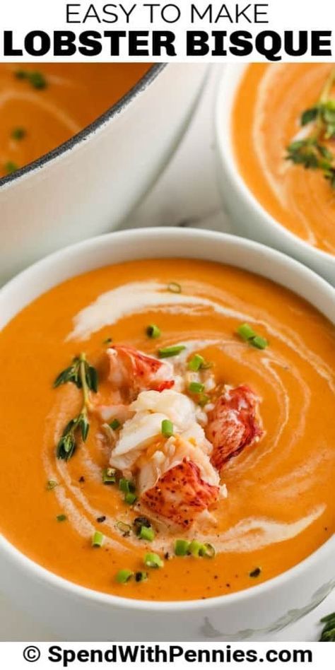 Lobster bisque is an easy fancy recipe that you can easily make at home or when company’s coming! #spendwithpennies #lobsterbisque #maindish #appetizer #specialoccasionrecipes #lobsterrecipes #easybisquerecipes #easyseafoodrecipes #lowcarbsoups #seafoodstew Lobster Dinner Ideas, Dinner Ideas At Home, Lobster Appetizers, Italian Sausage Recipes Pasta, Lobster Soup, Expensive Steak, Lobster Bisque Recipe, Lobster Bisque Soup, Steak And Lobster