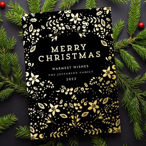 Premium Black Onyx Gold Merry Christmas Florals Foil Holiday Card #zazzle #weddinginvitations #birthdayinvitations #babyshowerinvitations #zazzleinvitations #monogram #businesscards #graduation #homedecor Foil Christmas Cards, Christmas Florals, Unique Christmas Cards, Christmas Invitation, Floral Christmas, Poinsettia Flower, Christmas Invitations, Christmas Floral, Christmas Photo Cards