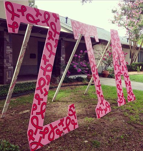 Think Pink letters! That's my chapters letters! Zeta sigma UTA Sorority Lawn Letters, Zeta Tau Alpha Letters, Zta Letters, Sorority Big Little, Alpha Gamma Delta, Pink Letter, Pink Out, Zeta Tau Alpha, Balloon Art