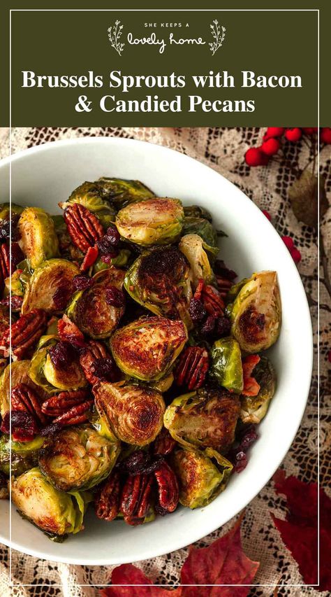 These brussels sprouts are the ultimate Thanksgiving side dish! They’re baked in bacon fat till crispy, then mixed with cranberries and candied pecans, spiced with smoked paprika and cayenne pepper! With only 6 main ingredients and a few spices, it takes only about an hour to make, and everyone at the Thanksgiving dinner table will be begging for the recipe. Christmas Brussel Sprouts, Brussel Sprouts With Bacon, Brussel Sprout Recipes, Baked Mashed Potatoes, Thanksgiving Food Ideas, Easy Christmas Dinner, Brussels Sprouts With Bacon, Autumn Side Dishes, Christmas Side Dishes