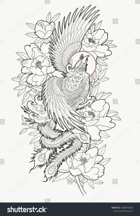 Hand drawn phoenix and flower outline tattoo design. Flower Outline Tattoo, Tattoo Japonais, Tato Phoenix, Japanese Phoenix Tattoo, Phoenix Tattoo Feminine, Outline Tattoo, Phoenix Tattoo Design, Japan Tattoo Design, Flower Outline