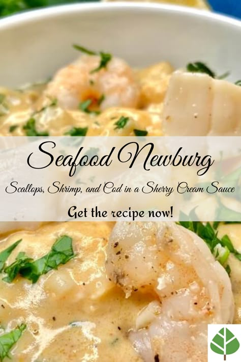 Seafood Newburg Recipe (Scallops, Shrimp, and Cod in a Sherry Cream Sauce) Easy Seafood Crockpot Recipes, Seafood Gratin Recipe, Seafood Ideas For Christmas, Newburg Sauce Recipe, Seafood Newburg Recipe Easy, Seafood Imperial Recipes, Seafood Recipes Sauce, Seafood Au Gratin Recipes, Seafood Casserole Recipes Main Courses