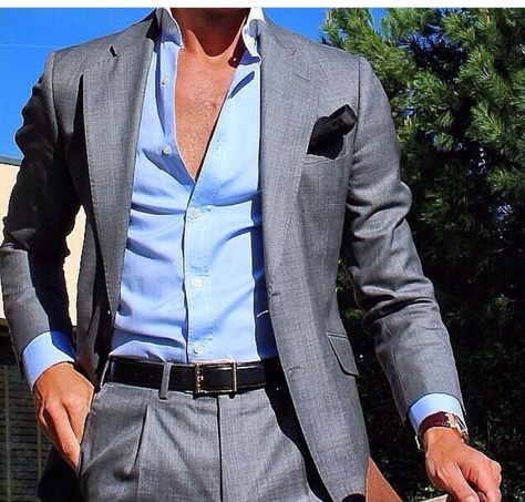 Grey on blue Light Grey Suit Men, Smart Casual Blue, Grey Suit Combinations, Grey Dress Outfit, Light Grey Suit, Best Suits For Men, Grey Suits, Grey Suit Men, Blazer Outfits Men