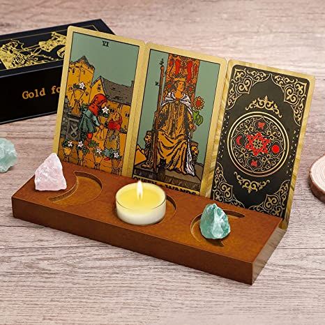 Tarot Card Reader Table Decor, Tarot Altar Set Up, Tarot Card Display Stand, Wooden Tarot Cards, Oracle Card Altar, Reading Table, Wiccan Altar, Triple Moon, Altar Decorations