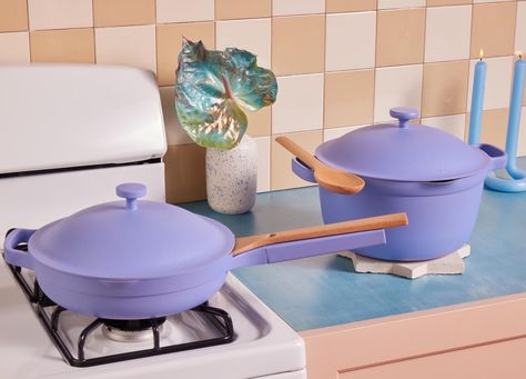 Colorful Pots And Pans, Our Place Always Pan, Purple Kitchen Accessories, Always Pan, Purple Kitchen, Wooden Spatula, Aura Colors, Our Place, Beautiful House