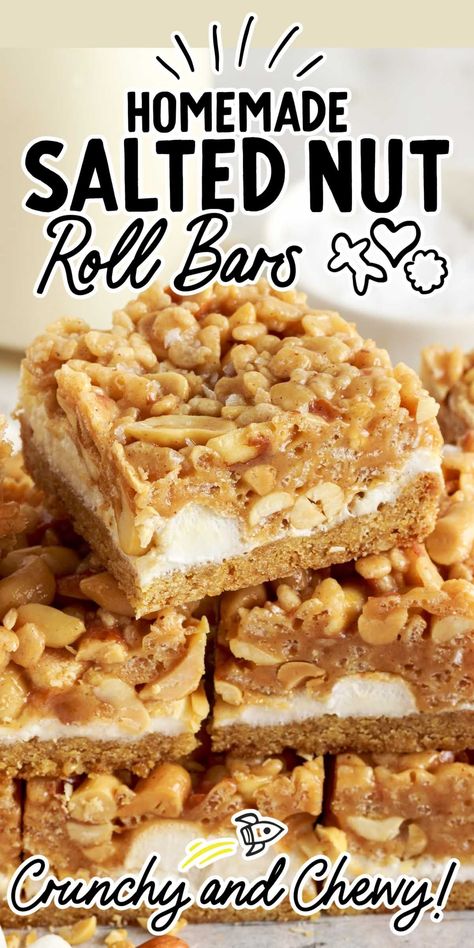 Salted Nut Roll Bars, Nut Roll Bars, Salted Nut Roll, Salted Nut Rolls, Marshmallow Caramel, Nut Roll Recipe, Homemade Bars, Nut Roll, Chocolate Chip Cheesecake Bars