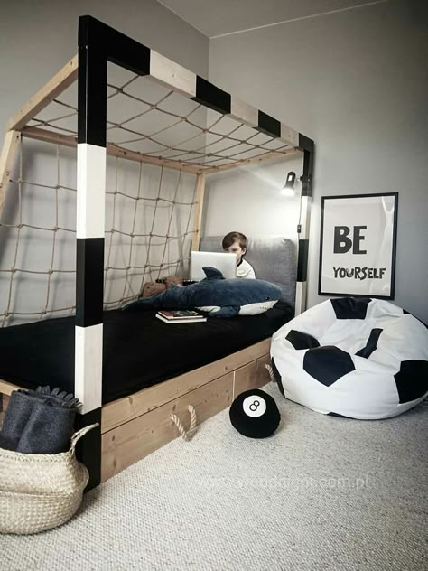 Soccer Inspired Bedroom, Modern Soccer Bedroom, Boys Soccer Themed Bedroom, Football Room Design, Soccer Theme Rooms For Boys, Boy Soccer Room, Modern Football Bedroom, Bedroom Football, Soccer Theme Bedroom