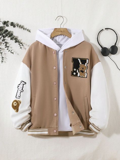 Cheap Varsity Outerwear For Campus, White Harajuku Style School Outerwear, Cheap Winter Varsity Jacket With Graphic Print, Kawaii Jackets Hoodie, Kawaii Varsity Jacket, Girls Party Wear, College Jackets, Teen Girl Dresses, Girls Outerwear