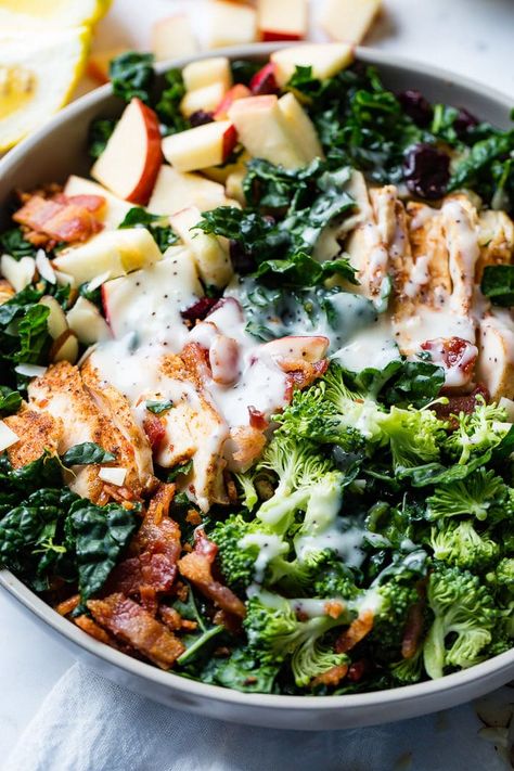 A photo of a kale salad loaded with apples, bacon, cranberries and smoked chicken topped with a poppy seed dressing. Chicken Salad Vegan, Kale Chicken Salad, Chicken Broccoli Cheese, Kale Recipe, Chicken Kale, Savory Breads, Oh Sweet Basil, Green Kale, Kale Salad Recipes