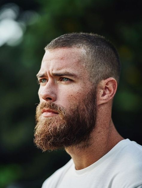 45 Dashing Buzzcut and Beard Combinations to Elevate Your Style - Welcome to BadJeremy.com – Your ultimate guide to men’s style and hair. Look sharp, feel great! Buzzcut And Beard, Blond Beard, Tapered Beard, Buzz Cut With Beard, Buzz Haircut, Older Men Haircuts, Blonde Beard, Beard Color, Short Hair With Beard