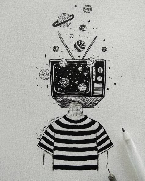 If you're looking for cool drawing ideas, you'll love this aesthetic drawing of a girl with a TV on her head that filled with planets from the galaxy. Great and easy fun drawing and sketch idea. Painting And Sketching Ideas, Best And Easy Drawings, Planet Head Drawing, Add As A Drawing, Out Of Place Art Drawings, Painting Ideas With Rapid, Art About Loving Someone, Rapid Painting Ideas Easy, Cool Sketching Ideas