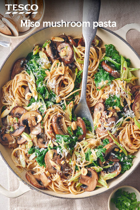 Try something different with that jar of miso paste in your cupboard. Our miso mushroom pasta is packed with umami flavours, plus it’s ready in just 30 minutes – perfect for those weekday evenings when you don’t know what to cook. | Tesco Miso Mushroom Pasta, Tesco Recipes, Week Meals, Mushroom Recipes Pasta, Meal For Two, Pasta Meals, Miso Paste, Spiced Beef, Tesco Real Food