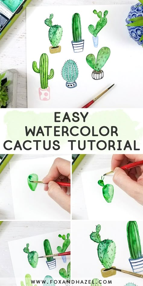 learn how to paint a watercolor cactus 6 different ways Waterpaint Ideas For Beginners, Religious Watercolor Paintings, Water Colors For Beginners, Watercolor Cacti, Cactus Watercolor, Watercolor Beginner, Cactus Painting, Watercolor Paintings For Beginners, Watercolor Projects