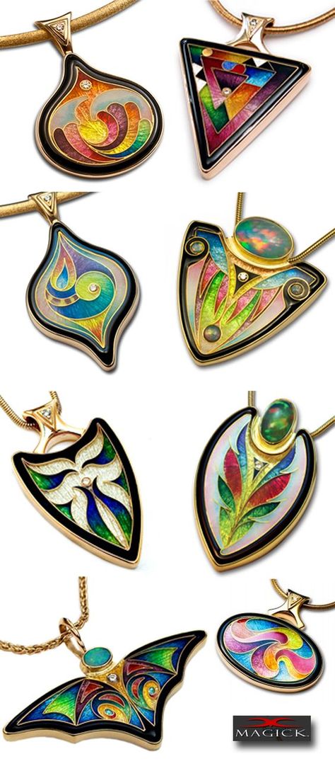 I really like the designs and colors. The colors make me happy. My favorite is the triangle on the top right because of its geometricness. MAGICK Fusager Design, Inc Cloisonne Art, Egyptian Inspired Jewelry, Gold Enamel Jewelry, Cloisonne Enamel Jewelry, Metal Art Jewelry, Cloisonne Jewelry, Beaded Jewelry Earrings, Jewelry Design Inspiration, The Triangle