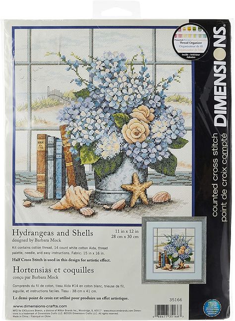 Dimensions Needlecrafts Counted Cross Stitch, Hydrangeas and Shells : Amazon.ca: Home Seashell Cross, Thread Organization, Thread Holder, Cat Cross Stitch, Counted Cross Stitch Kits, Stitch Kit, Cross Stitch Kits, Amazon Art, Cross Stitch Kit