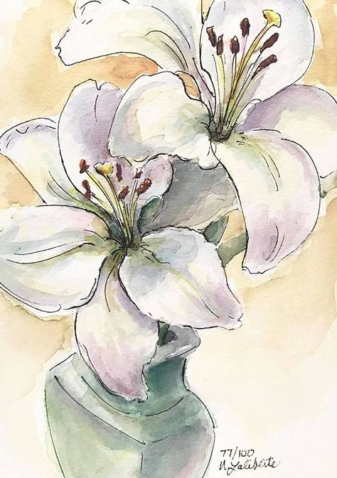 Soul Mates 77/100 by Nancy Laliberte Watercolor ~ 7" x 5" Field Of Lilies, Lilies Watercolor, Watercolor Lily, Lily Watercolor, Lily Painting, Lily Bouquet, Easter Lily, Abstract Floral Art, Soul Mates