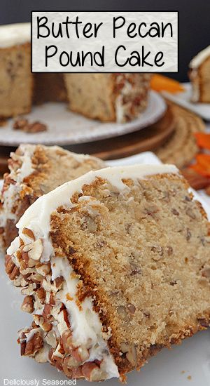 Butter Pecan Pound Cake is a dense and moist pound cake that is loaded with chopped pecans and topped with a homemade buttercream frosting. Butter Pecan Wedding Cake, Healthy Butter Pecan Cake, Pecan Pudding Cake, Easy Fall Cakes Recipes, New Cakes 2023, Grandmas Butter Cake, Layered Pound Cake Recipes, Butter Pecan Cake Mix Banana Bread, Butter Pecan Praline Pound Cake