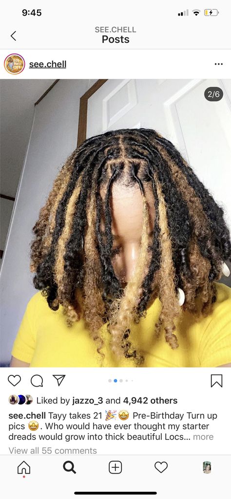 Locs Ends Dyed, Locs With Patch Of Color, Dyed Loc Tips Hair Colors, Dyed Locs Highlights, Hair Dye Colors For Locs, Blonde Roots Dark Ends Locs, Black Locs With Blonde Highlights, Dyed Locs Tips, Died Dread Locks