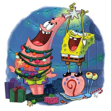 Spongebob Christmas Drawing, Spongebob Christmas Painting, Pfp Spongebob, Sponge Bob Christmas, Patrick Star Christmas, Spongebob Christmas Wallpaper, Nickelodeon Christmas, Sundjer Bob, Christmas Spongebob