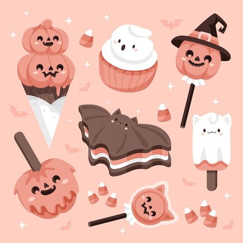 Kawaii Halloween Dessert, Spooky Drawings Halloween, Kawaii Halloween Drawings, Halloween Food Illustration, Kawaii Halloween Aesthetic, Halloween Food Drawing, Halloween Kawaii Drawings, Halloween Cute Art, Candies Drawing