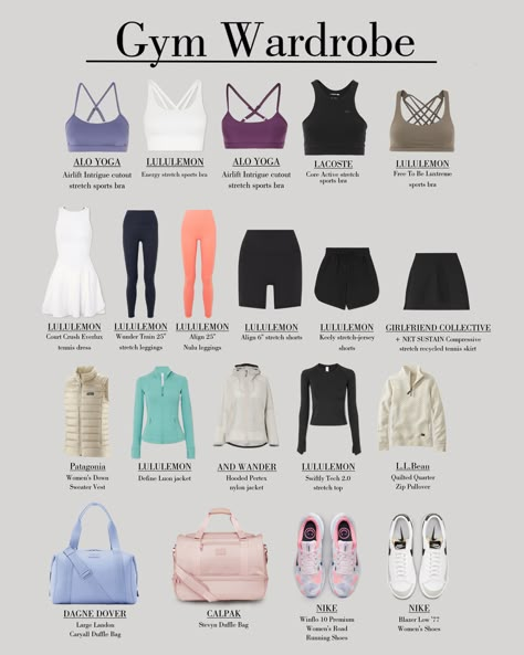 Gym Items For Women, Capsule Gym Wardrobe, Gym Wardrobe Capsule, Where To Get Gym Clothes, Gym Outfit Essentials, Gym Clothes Design Ideas, Comfortable Gym Outfits, Gymwear Women, Gym Workouts Clothes