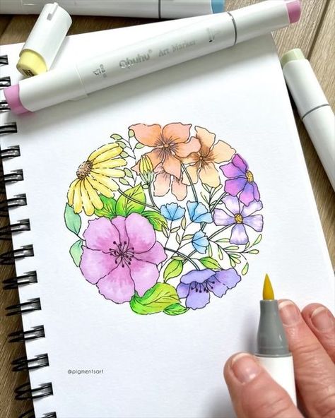 Pigments Art on Instagram: "Flowers to brighten my rainy day 🌺🪻🌼🌷🌸. Swipe for photos 👉🏻  I sketched in pencil first and then used a waterproof black pen . Markers: @ohuhuart pastels Sketchbook: @stringandspace 200gsm  Pen: @stationery_island 4mm . . . #Ohuhu #Ohuhumarkers #Ohuhucommunity #alcoholmarkers #artexploration #markerart #markerdrawing #mixedmedia #mixedmediaart #pigmentsart #alcoholmarkerart #markersillustration #floraldrawing #floralart #floralartwork #inspiredbyflowers #showmeyourflorals #botanicalillustration #botanicalillustrations #floralillustration #penillustration #inkillustration #markerartist #ohuhuart #alcoholmarker #markerillustrations #markerillustration #markersketch #flowerart #flowerillustration" Ohuhu Markers, Pen Illustration, Instagram Flowers, Floral Drawing, Black Pen, Sketch Markers, Marker Drawing, Floral Artwork, Alcohol Markers