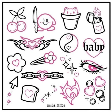 Cute New School Tattoo, Cute Doodles Y2k, Retro Aesthetic Tattoo, Simple Tattoos Traditional, Simple Tattoos Alt, Small Pink Tattoo Ideas, Floral Outline Drawing Simple, Tattoo Flash Sheet Girly, Interesting Tattoo Ideas