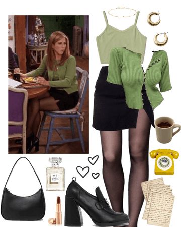 Rachel Green Spring Outfit, Friends Dress Outfit, Rachel Green Mini Skirt Outfit, Rachel Style Friends, Rachel Green Green Outfit, All Of Rachel Green Outfits, 90s Green Outfit, Rachel Green Accessories, Rachel Green Christmas Outfit