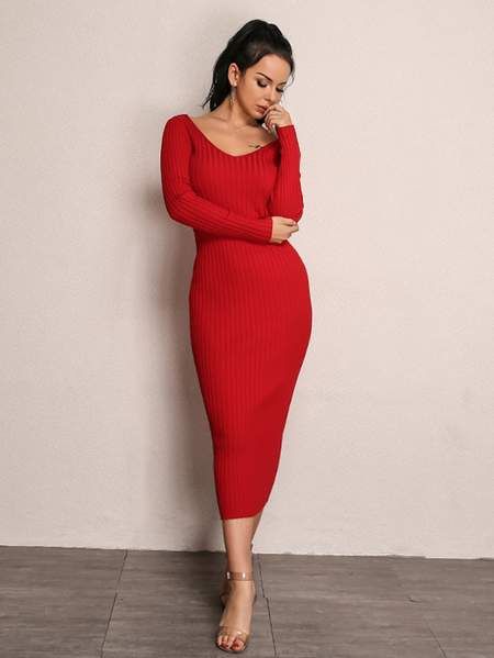 Joyfunear Double V Neckline Rib Knit Dress Neon Green Dresses, Rib Knit Dress, Footed Leggings, Natural Clothing, Shirred Dress, Women Bodycon Dress, 21st Dresses, Knitted Bodycon Dress, Ribbed Midi Dress