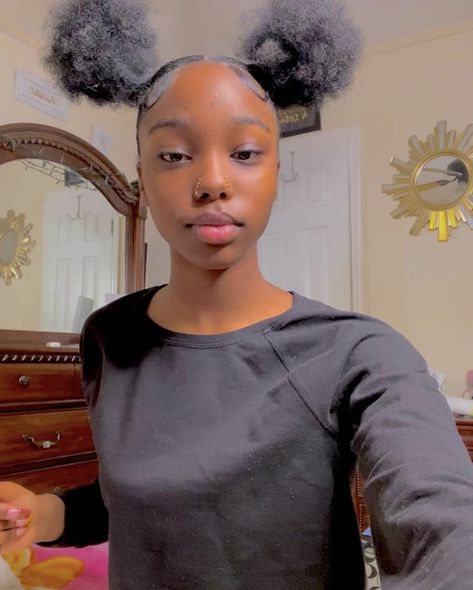 Natural Hairstyles For Black Women Two Puffs, Natural Slicked Hairstyles For Black Women, Hairstyles In Two Puffs, Space Puffs Natural Hair, Two High Buns Natural Hair, Real Hair Hairstyles Black Women Natural, Two Puffs Hairstyles, 2 Top Knot Buns, 2 Space Buns Natural Hair