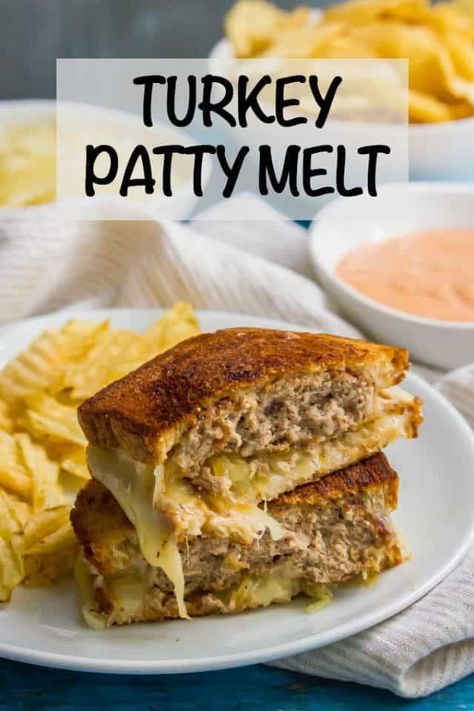 This ground turkey patty melt sandwich is a healthier version of the diner classic and always hits the spot! This melty, cheesy, meaty sandwich is perfect for an easy lunch or dinner the whole family will love! #turkey #sandwich #lunch #dinner Turkey Patty Melt, Patty Melt Sandwich, Savory Sandwiches, Hamburger Pie, Patty Melt Recipe, Ground Turkey Recipes Easy, Hot Sandwiches, Ground Turkey Recipes Healthy, Melt Recipe